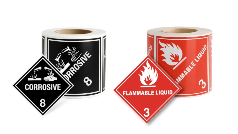 Rollos de etiquetas de material peligroso Clase 8 corrosivo y Clase 3 líquido inflamable