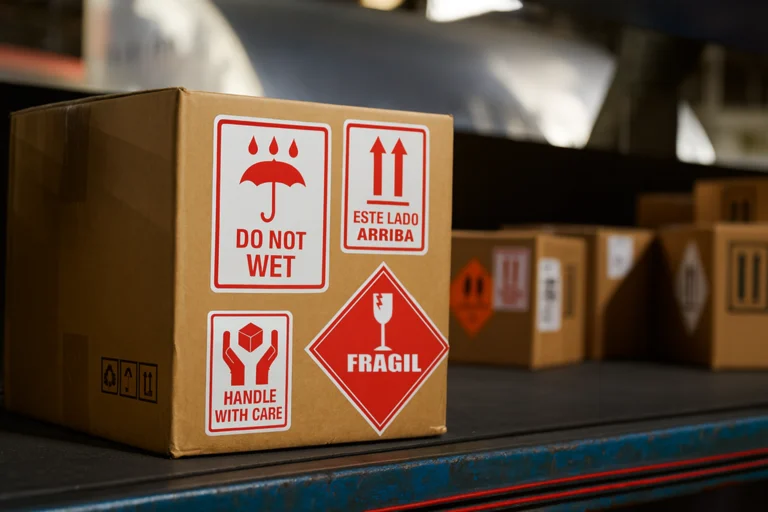 Caja de cartón con etiquetas de manejo y embalaje como frágil, no mojar, este lado arriba y manejar con cuidado en un entorno logístico