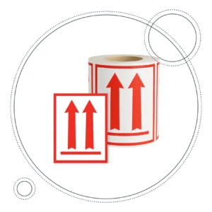 Etiqueta adhesiva ESTE LADO ARRIBA para indicar orientación correcta del paquete