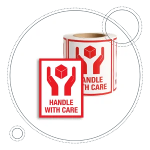 Etiqueta adhesiva HANDLE WITH CARE en rollo para manejo cuidadoso de paquetes