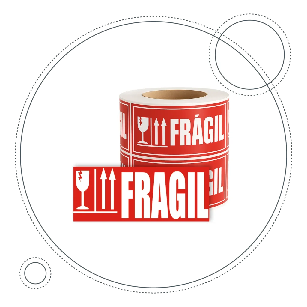 Etiqueta adhesiva FRÁGIL en rollo para embalaje y protección de mercancía delicada