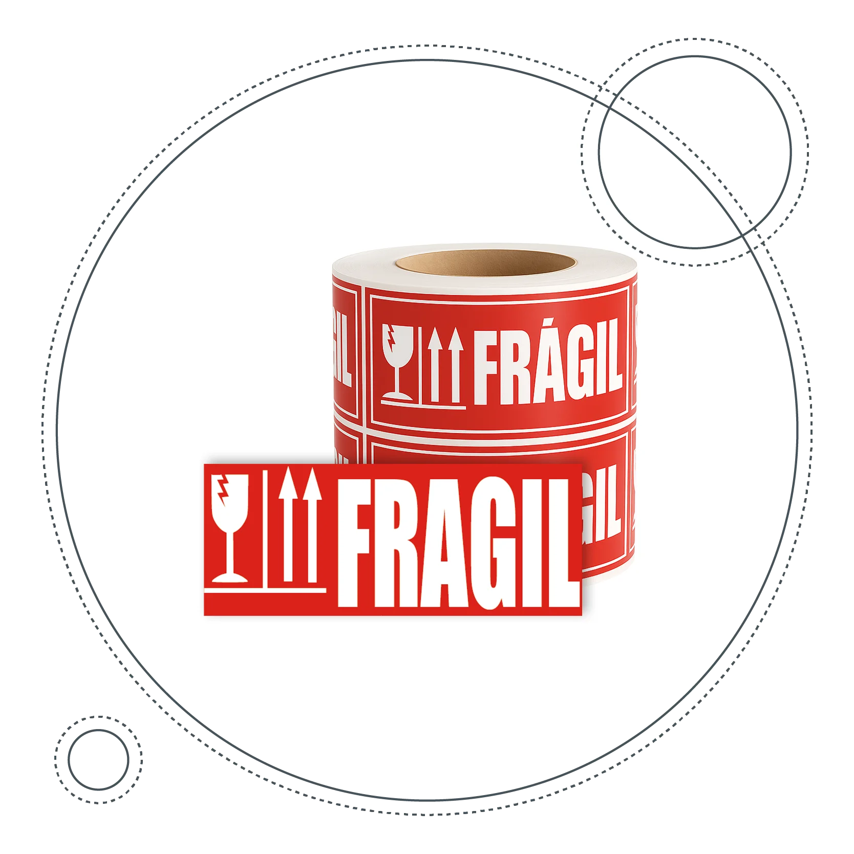 Etiqueta adhesiva FRÁGIL en rollo para embalaje y protección de mercancía delicada