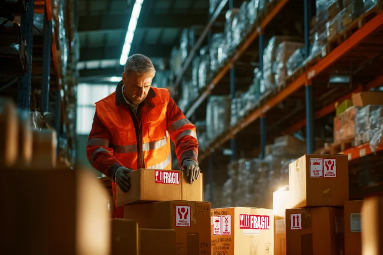 Operario de bodega manipulando cajas con etiquetas de manejo como frágil, no mojar y manejar con cuidado