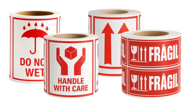Rollos de etiquetas adhesivas de manejo y embalaje con mensajes DO NOT WET, HANDLE WITH CARE, ESTE LADO ARRIBA y FRÁGIL