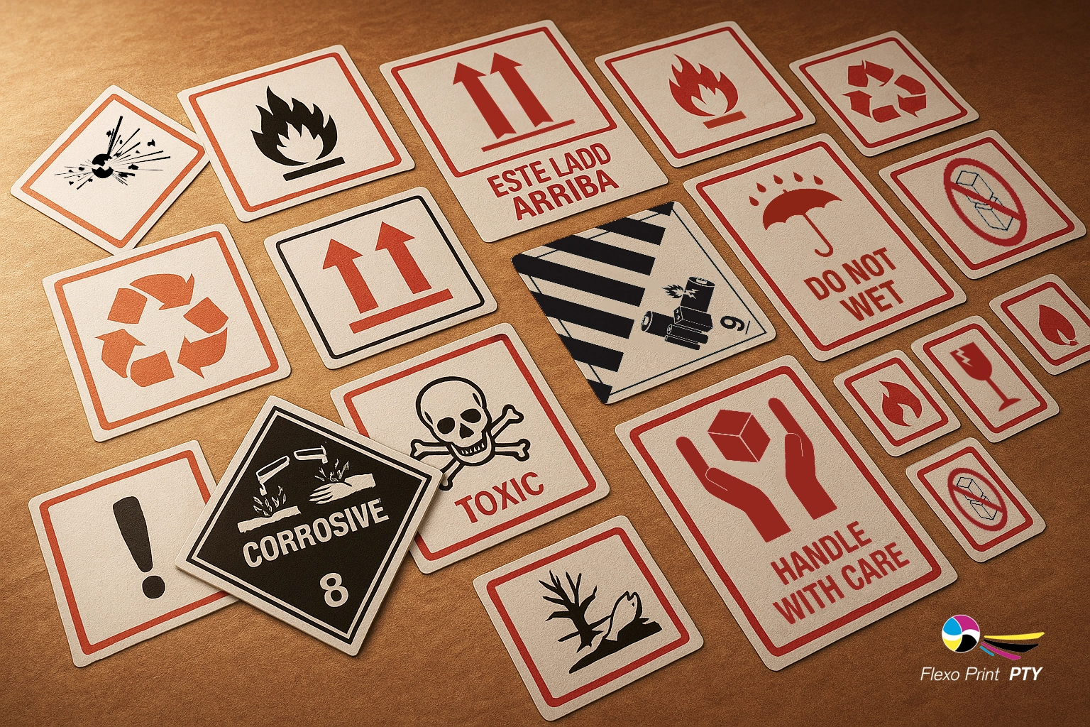 Collage de etiquetas de manejo, embalaje y material peligroso, incluyendo frágil, corrosivo, tóxico, inflamable, no mojar y este lado arriba